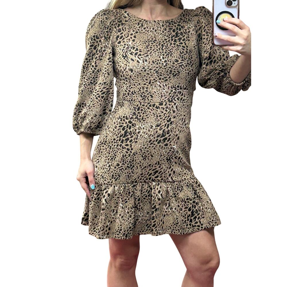 NWT Anthropologie Maeve Leopard Knit Cutout Mini Dress 2P Ruffle Tie Back